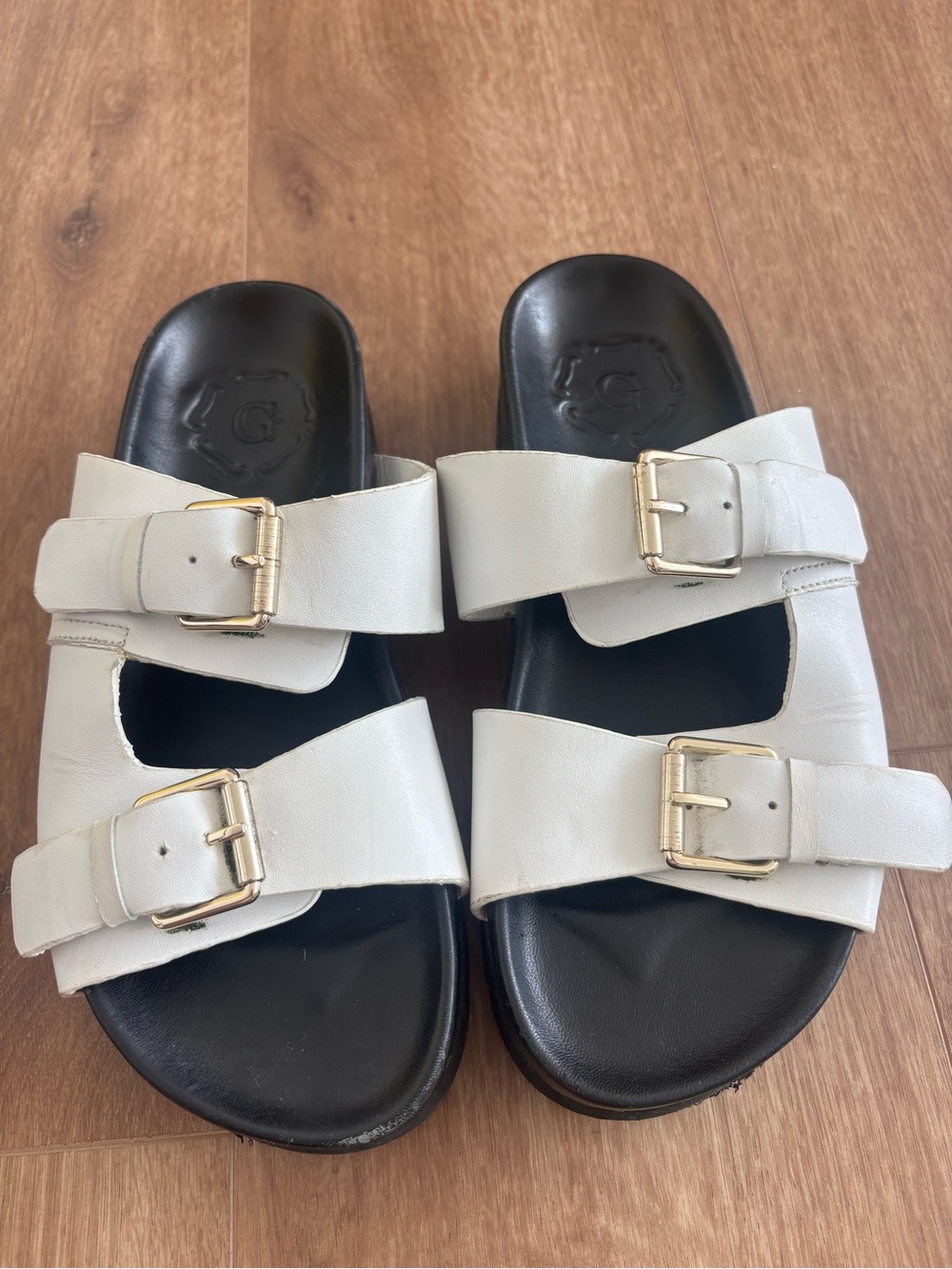 White Double Buckle Leather Slide Sandals - Grenson UK